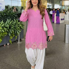 Embroidery Work Baby Pink Cotton Farshi Salwar Set