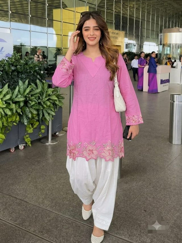 Embroidery Work Baby Pink Cotton Farshi Salwar Set