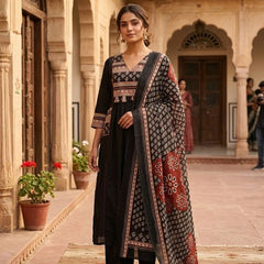 A-line Printed Black Color Suit Set