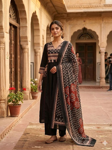 A-line Printed Black Color Suit Set