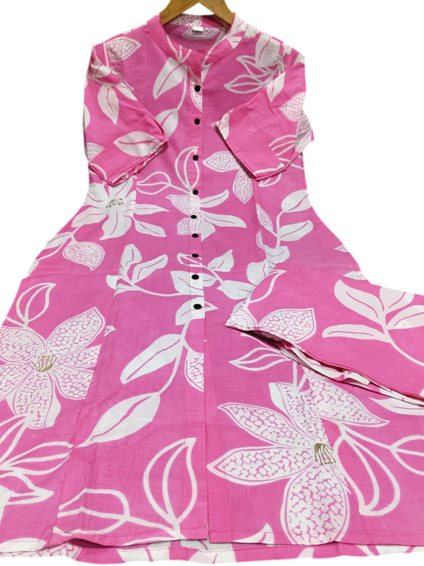 Pink Printed Cotton Kurti Palazzo Set
