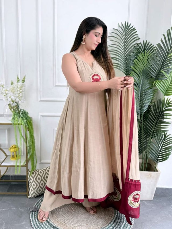 Designer Embroidery Work Beige Color Suit Set