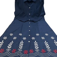 Blue Cotton Embroidered A-Line Midi Kurti