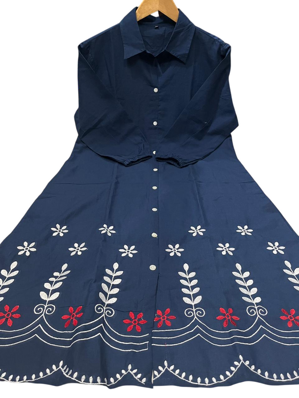 Blue Cotton Embroidered A-Line Midi Kurti