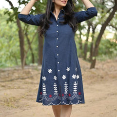 Blue Cotton Embroidered A-Line Midi Kurti
