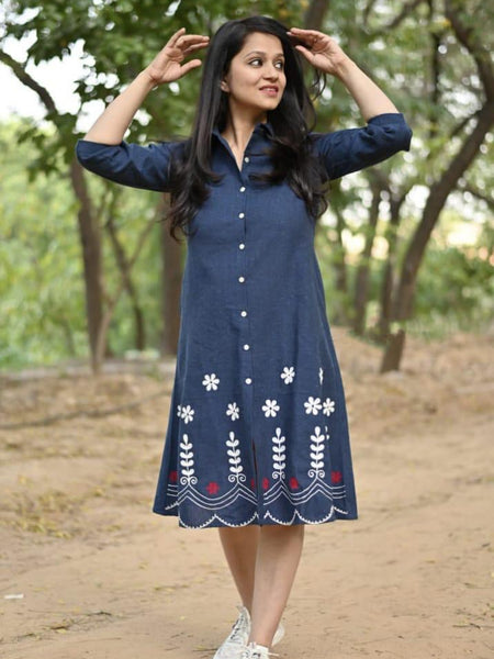 Blue Cotton Embroidered A-Line Midi Kurti