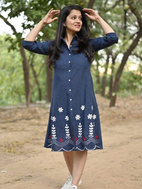 Blue Cotton Embroidered A-Line Midi Kurti