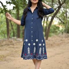 Blue Cotton Embroidered A-Line Midi Kurti