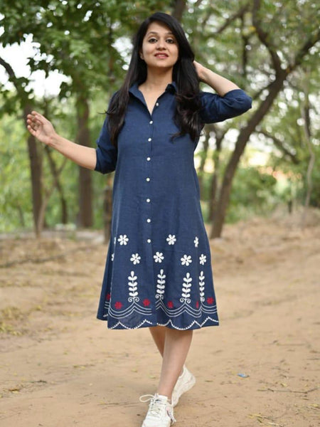Blue Cotton Embroidered A-Line Midi Kurti