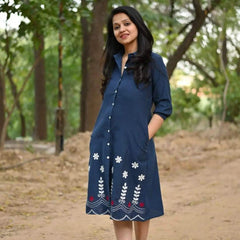 Blue Cotton Embroidered A-Line Midi Kurti