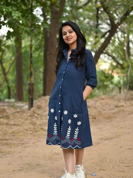 Blue Cotton Embroidered A-Line Midi Kurti