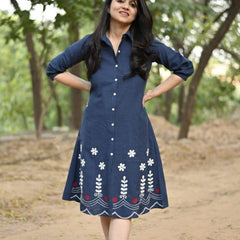 Blue Cotton Embroidered A-Line Midi Kurti