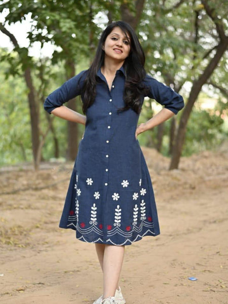 Blue Cotton Embroidered A-Line Midi Kurti