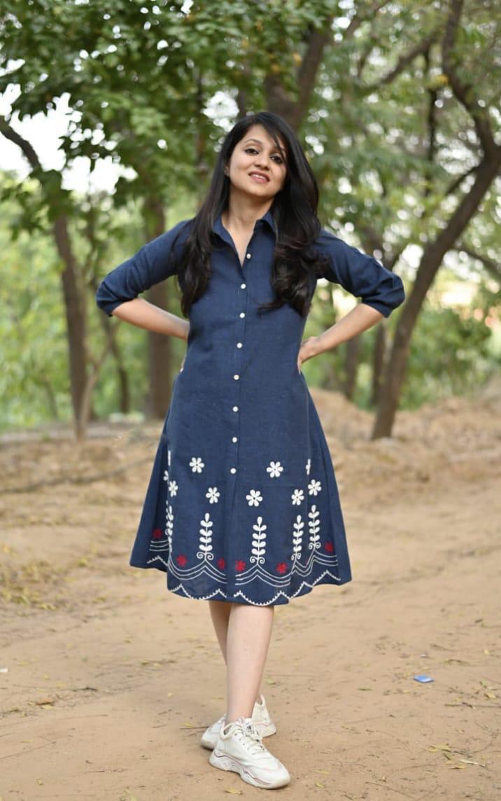 Blue Cotton Embroidered A-Line Midi Kurti