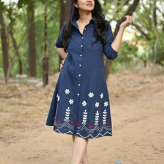 Blue Cotton Embroidered A-Line Midi Kurti