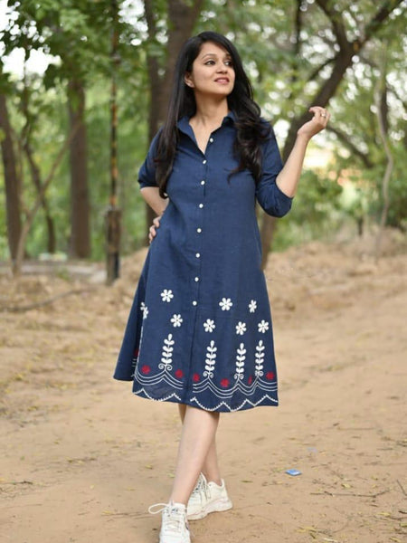 Blue Cotton Embroidered A-Line Midi Kurti