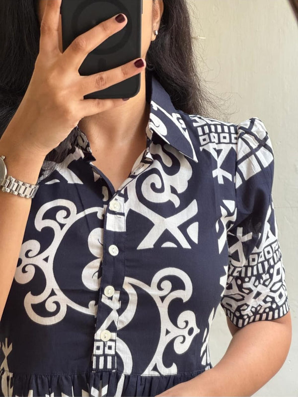 Black Printed Cotton Midi Dress