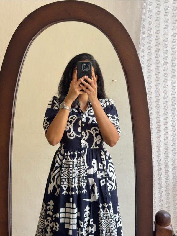 Black Printed Cotton Midi Dress