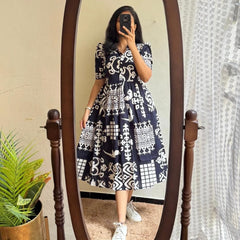 Black Printed Cotton Midi Dress