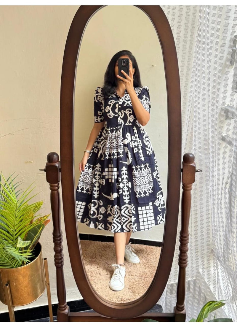 Black Printed Cotton Midi Dress