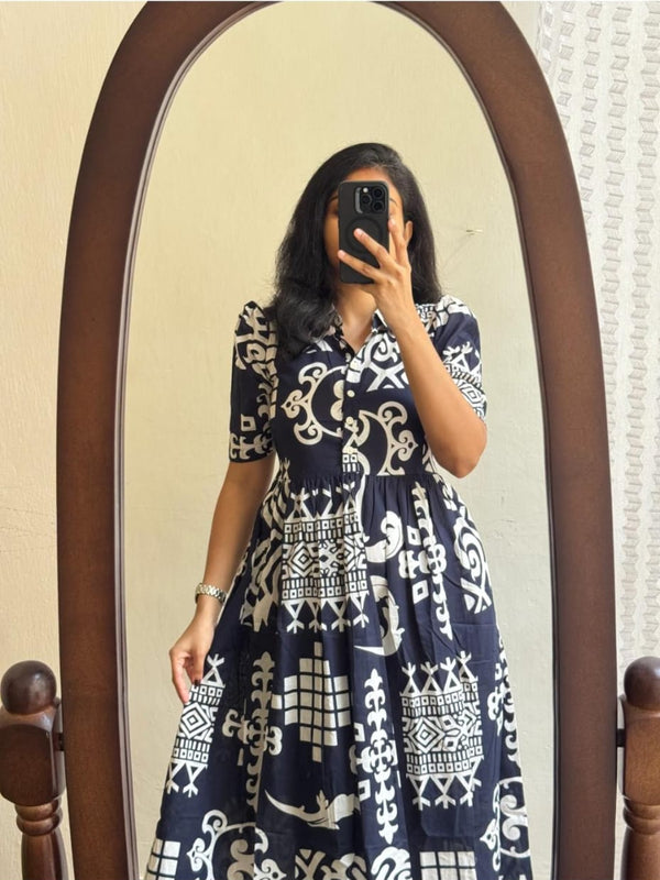 Black Printed Cotton Midi Dress