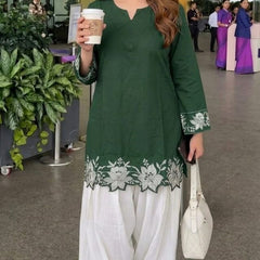 Embroidery Work Dark Green Cotton Farshi Salwar Set