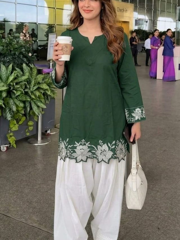 Embroidery Work Dark Green Cotton Farshi Salwar Set