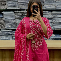 Pink Bandhej Print Kurti Palazzo Dupatta Set