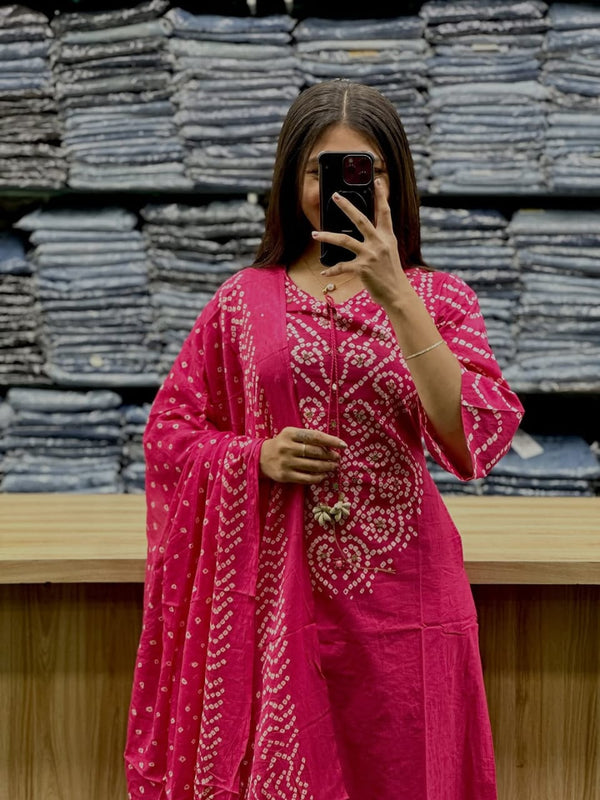 Pink Bandhej Print Kurti Palazzo Dupatta Set