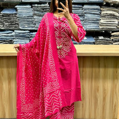Pink Bandhej Print Kurti Palazzo Dupatta Set