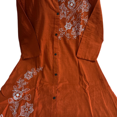 A-Line Rust Embroidered Cotton Slub Co-ord Set
