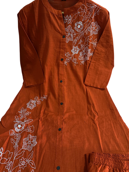 A-Line Rust Embroidered Cotton Slub Co-ord Set
