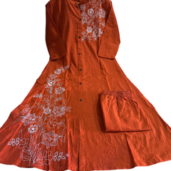 A-Line Rust Embroidered Cotton Slub Co-ord Set