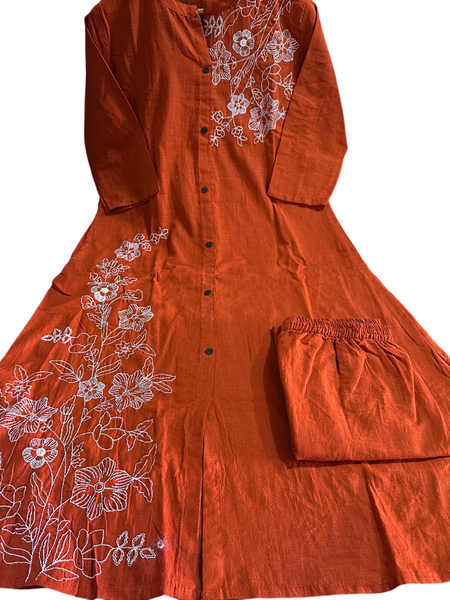 A-Line Rust Embroidered Cotton Slub Co-ord Set