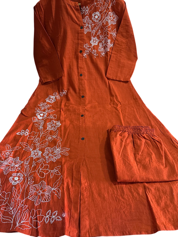 A-Line Rust Embroidered Cotton Slub Co-ord Set
