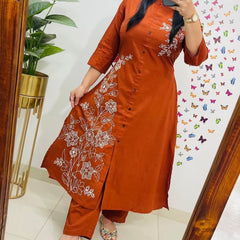 A-Line Rust Embroidered Cotton Slub Co-ord Set