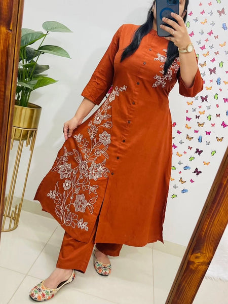 A-Line Rust Embroidered Cotton Slub Co-ord Set