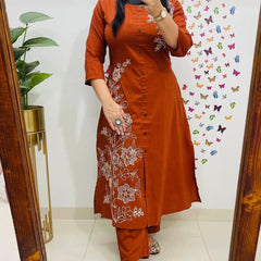 A-Line Rust Embroidered Cotton Slub Co-ord Set