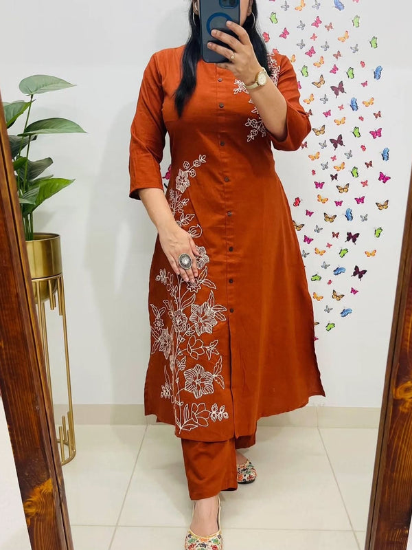 A-Line Rust Embroidered Cotton Slub Co-ord Set