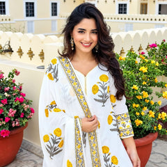 Beautiful Printed White Cotton Gopi Dress Set