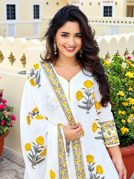 Beautiful Printed White Cotton Gopi Dress Set