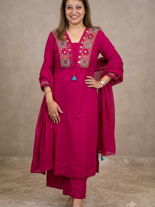 Beautiful Designer Magenta Color Cotton Suit Set