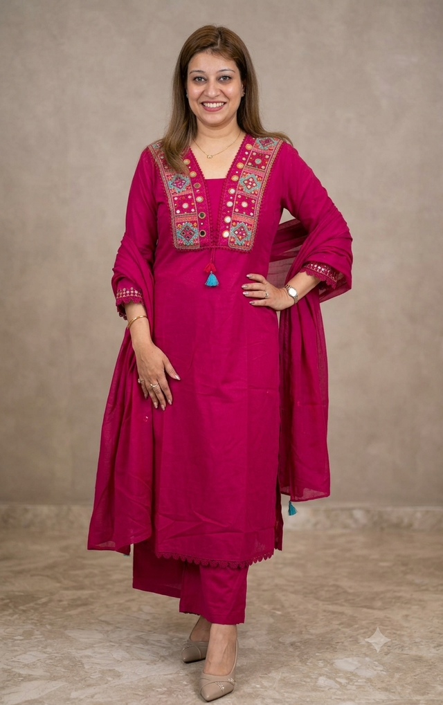 Beautiful Designer Magenta Color Cotton Suit Set