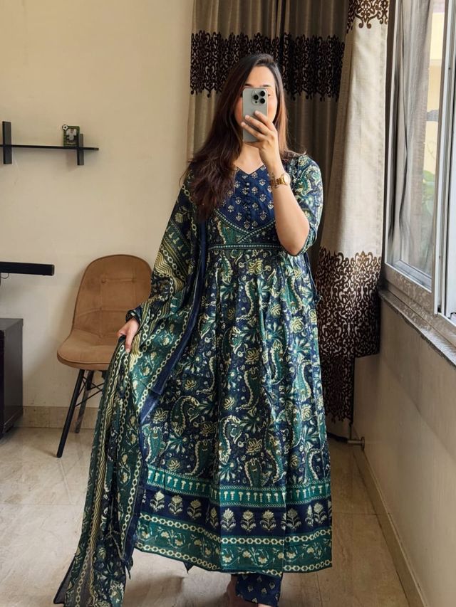 Beautiful Printed Anarkali Cotton Blue Suit Set
