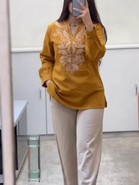Embroidery Work Mustard Top Pant Set