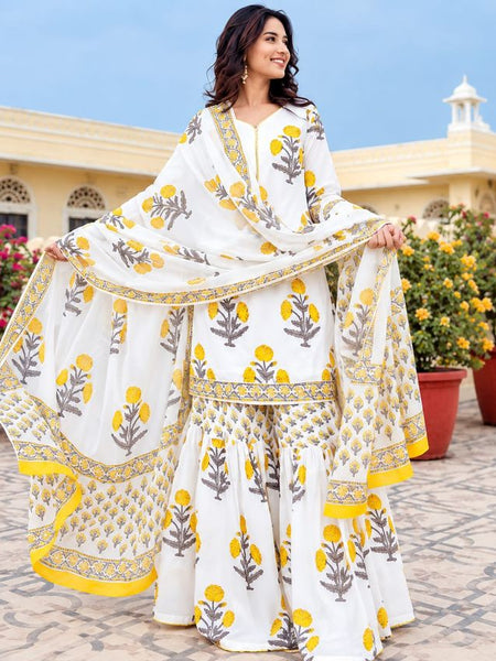 Beautiful Printed White Cotton Gopi Dress Set