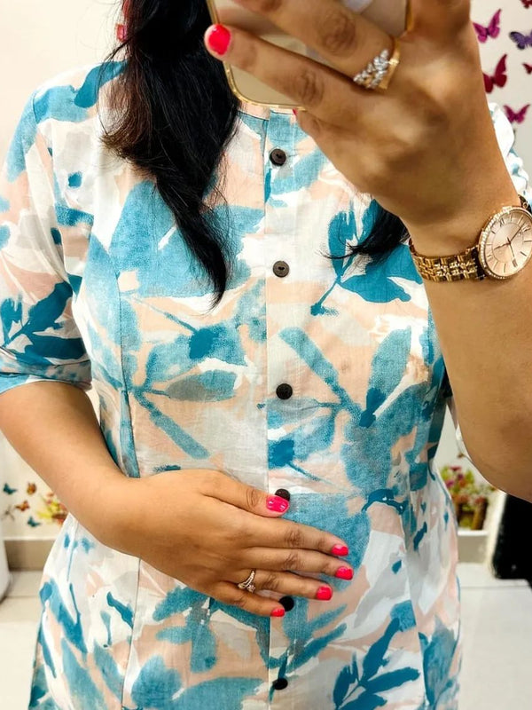 Green Printed Cotton Kurti & Palazzo Set