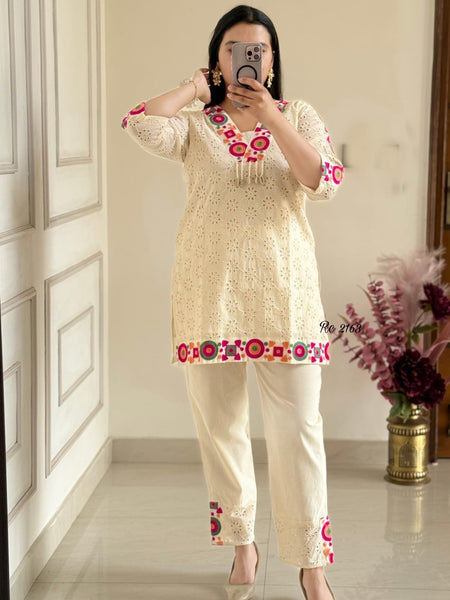 Cotton Schiffli Embroidered Co-ord Set