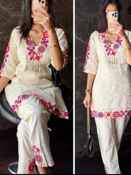 Cotton Schiffli Embroidered Co-ord Set