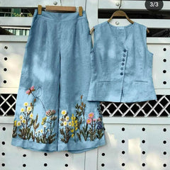 Turquoise Embroidered Cotton Slub Co-ord Set